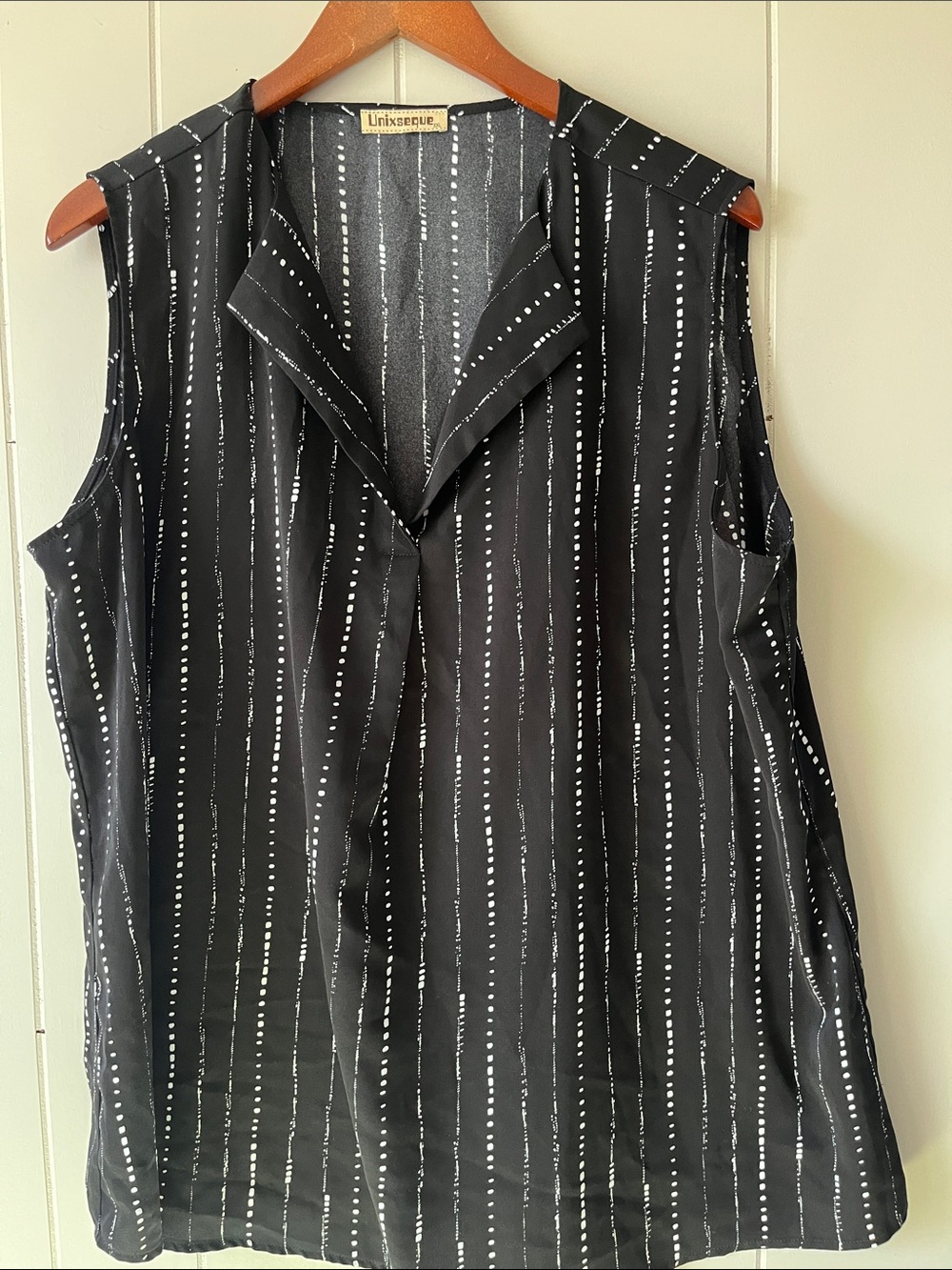 Black Sleeveless V-Neck Dot-Stripe Blouse